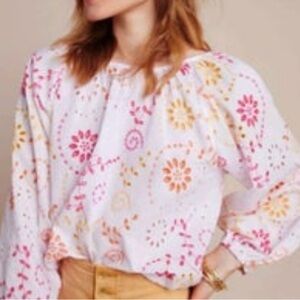 Anthropologie White Blouse with Pink and Orange Embroidery